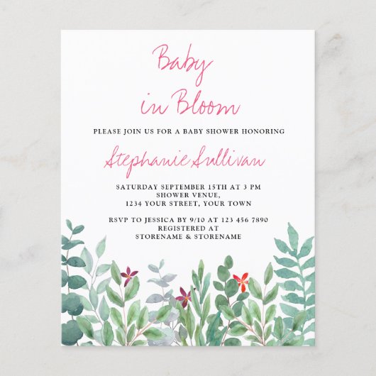 Budget Baby in Bloom Eucalyptus Baby shower Uitnod (Voorkant)