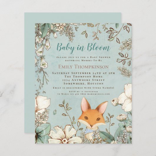 Budget Baby in Bloom Fox Boy Baby shower nodigt ui (Voorkant / Achterkant)