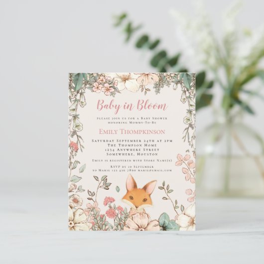 Budget Baby in Bloom Fox Girl Baby shower nodigt u (Staand voorkant)