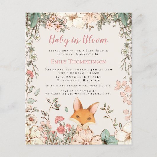 Budget Baby in Bloom Fox Girl Baby shower nodigt u (Voorkant)