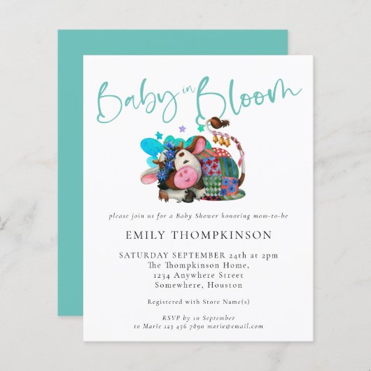 Budget Baby in Bloom Koe Aslaap Baby shower nodigt (Voorkant / Achterkant)