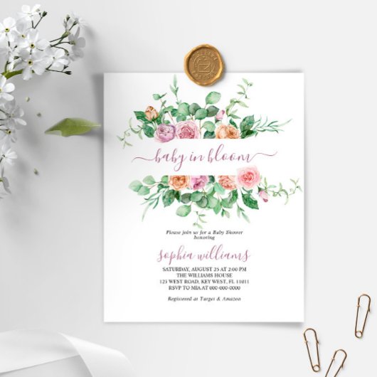 Budget Baby in Bloom Paarse Roos Shower Invitation