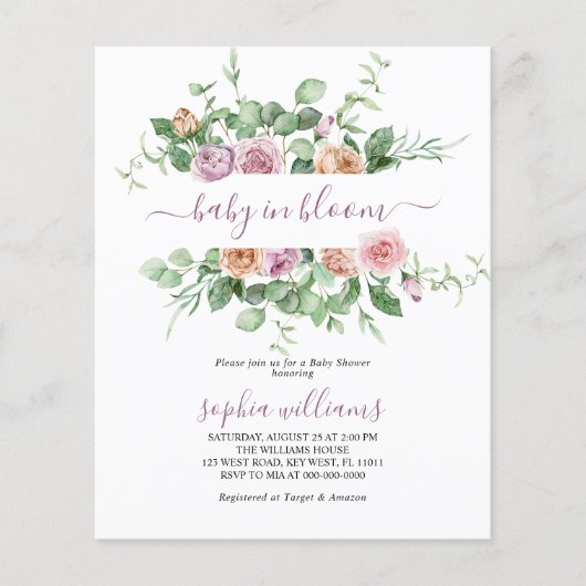 Budget Baby in Bloom Paarse Roos Shower Invitation (Voorkant)