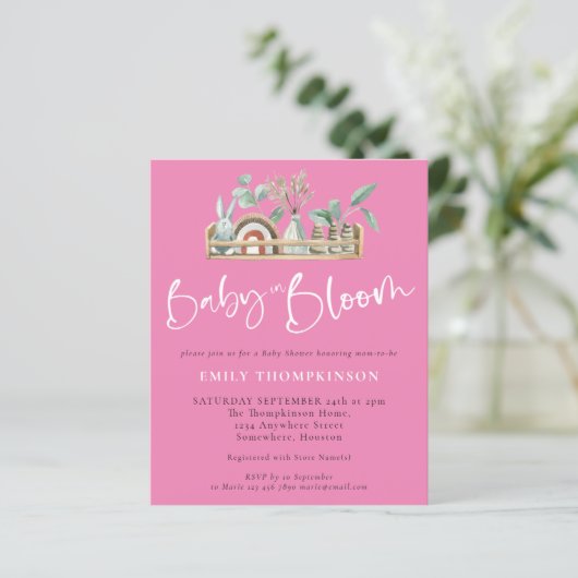 Budget Baby in Bloom Pink Boho Baby shower Uitnodi (Staand voorkant)