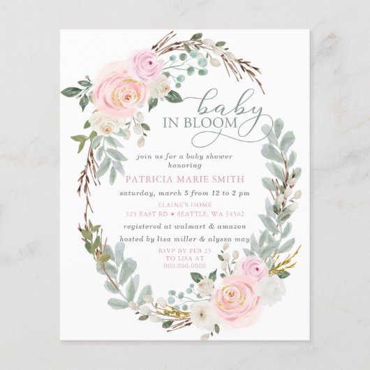 Budget Baby in Bloom Pink Floral Girl Baby shower (Voorkant)