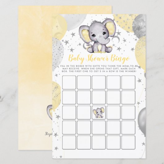 Budget Baby shower Bingo Yellow Elephant Game (Voorkant / Achterkant)