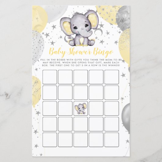 Budget Baby shower Bingo Yellow Elephant Game (Voorkant)