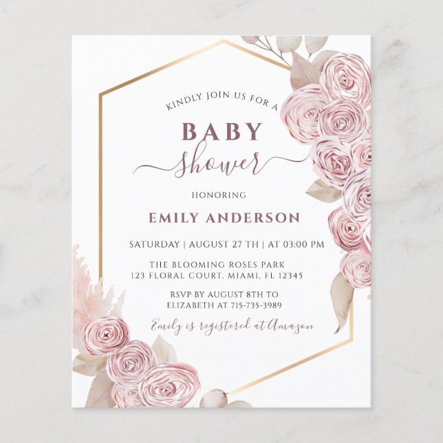 Budget Baby shower Blush Pink Floral en Golden (Voorkant)