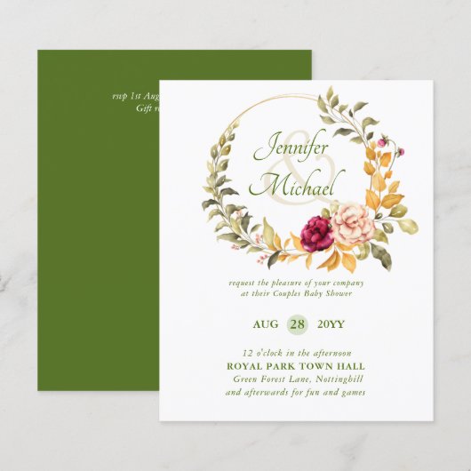 BUDGET Baby Shower Bordeaux Bloemenkrans Uitnodigi (Voorkant / Achterkant)