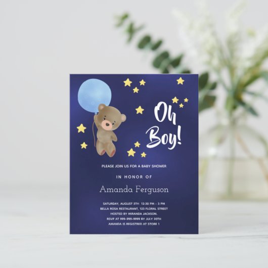 Budget Baby shower boy teddy heeft blauwe uitnodig (Staand voorkant)