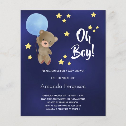 Budget Baby shower boy teddy heeft blauwe uitnodig (Voorkant)