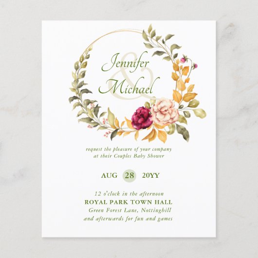 BUDGET Baby shower Burgundy Floral Wreath Invite (Voorkant)