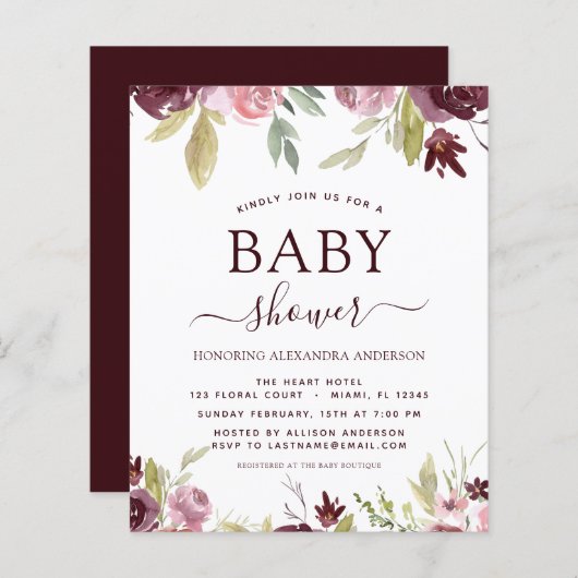 Budget Baby shower Burgundy Waterverf Floral (Voorkant / Achterkant)