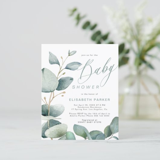 Budget baby shower eucalyptus groen uitnodiging (Staand voorkant)