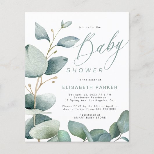 Budget baby shower eucalyptus groen uitnodiging (Voorkant)
