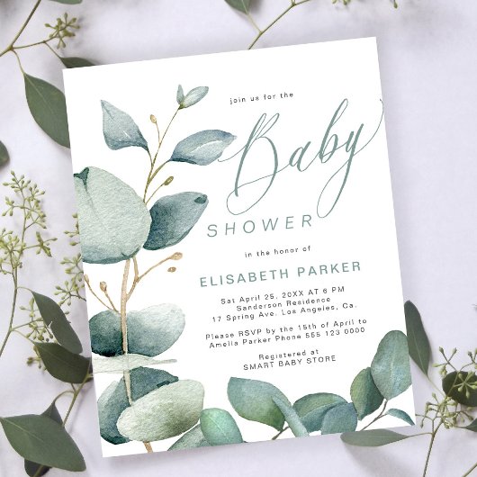 Budget baby shower eucalyptus groen uitnodiging