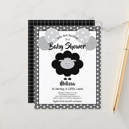 Budget Baby shower Fun Black White Lamb Uitnodigin (Voorkant / Achterkant in situ)