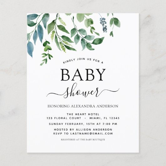 Budget Baby shower Greenery Botanical Invitation (Voorkant)