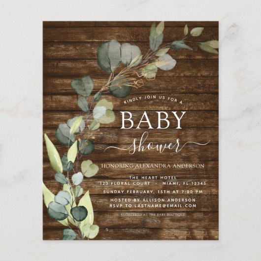 Budget Baby Shower Groene Eucalyptus Rustiek Flyer (Voorkant)