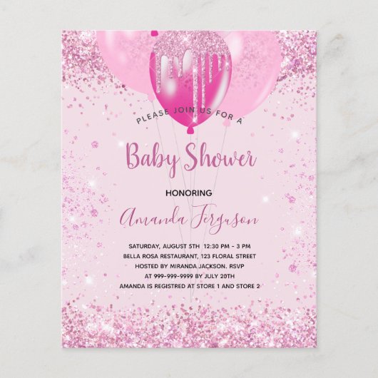 Budget Baby shower meisje roze glitter uitnodiging (Voorkant)