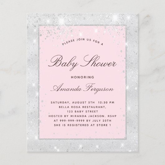 Budget Baby shower meisje zilveren roze uitnodigin (Voorkant)