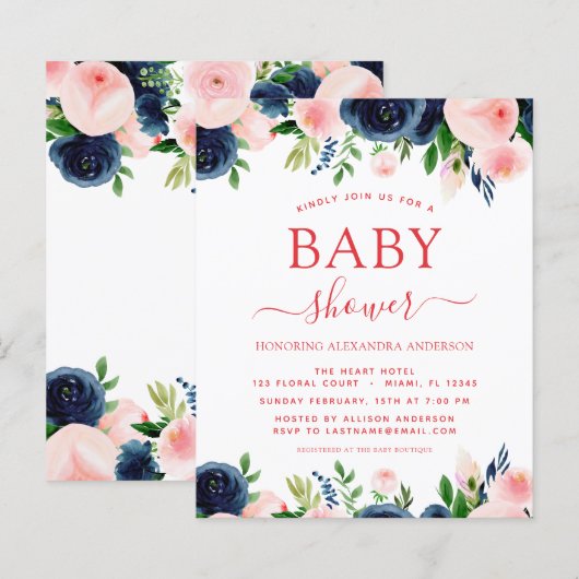 Budget Baby shower Navy Blue Blush Pink Floral (Voorkant / Achterkant)