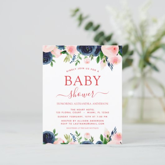 Budget Baby shower Navy Blue Blush Pink Floral (Staand voorkant)