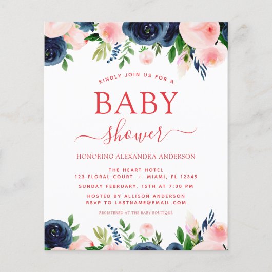 Budget Baby shower Navy Blue Blush Pink Floral (Voorkant)