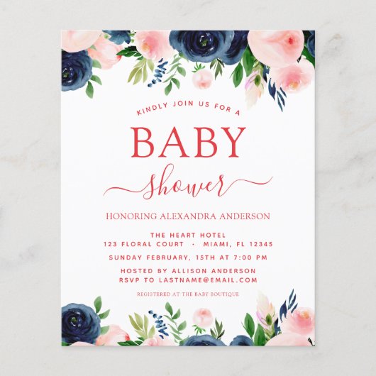 Budget Baby shower Navy Blue Blush Pink Floral Flyer (Voorkant)