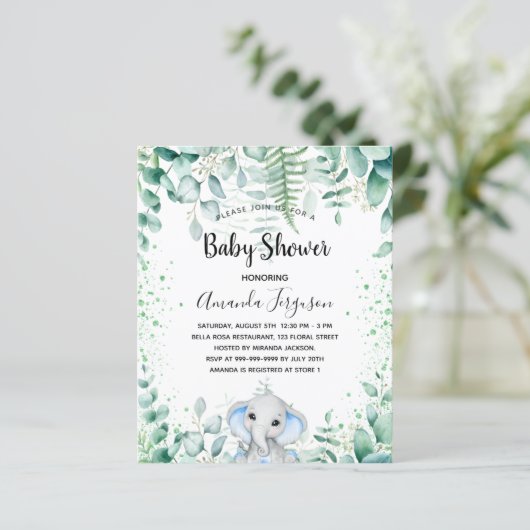 Budget Baby shower olifant eucalyptus-uitnodiging (Staand voorkant)