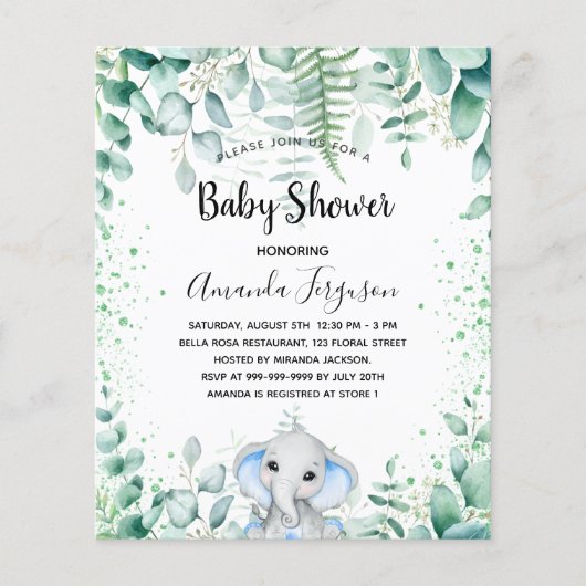 Budget Baby shower olifant eucalyptus-uitnodiging (Voorkant)