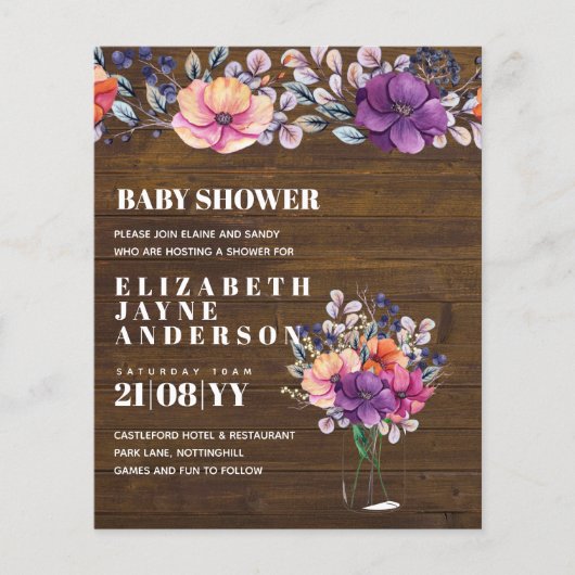 BUDGET Baby Shower Paars Oranje Bloem Uitnodiging (Voorkant)