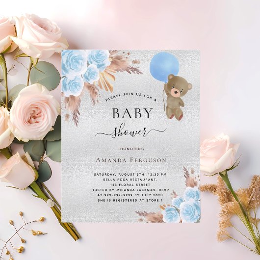 Budget baby shower pampas gras zilveren teddybeer