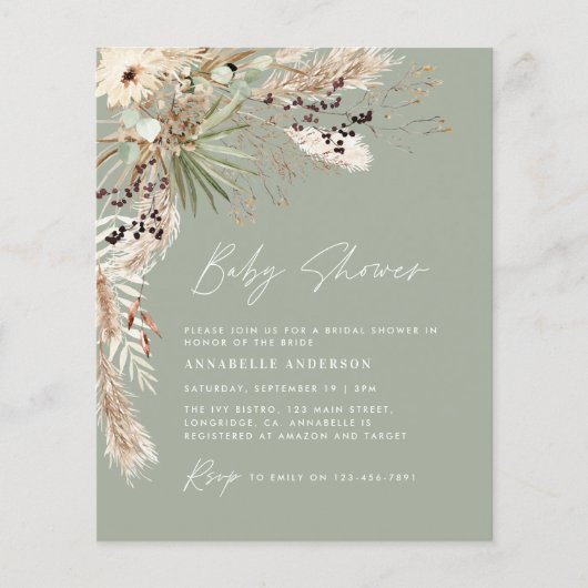 Budget baby shower pampas moderne groene elegant flyer (Voorkant)