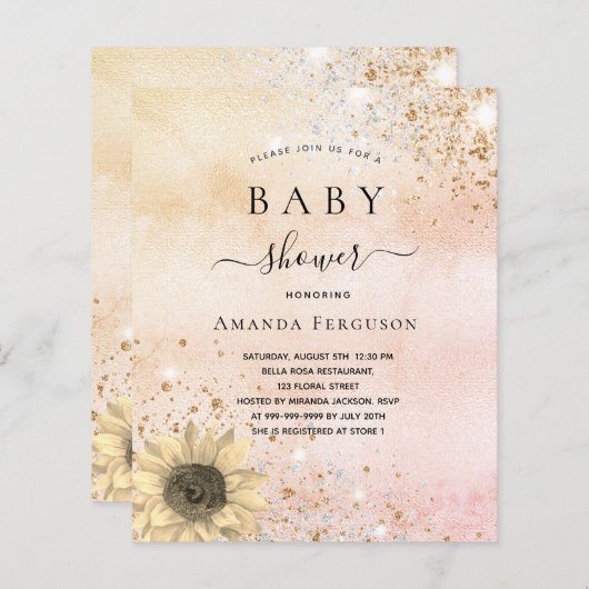 Budget Baby shower roos gouden zonnebloem uitnodig (Voorkant / Achterkant)