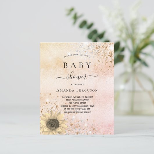 Budget Baby shower roos gouden zonnebloem uitnodig (Staand voorkant)