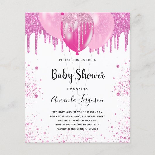 Budget Baby shower roze glitter girl uitnodiging (Voorkant)
