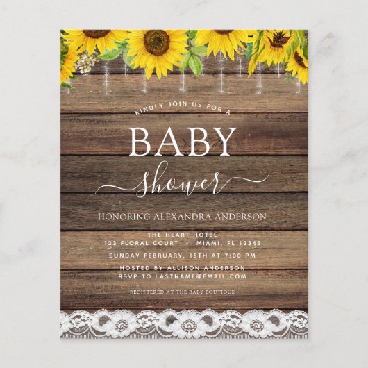 Budget Baby Shower Rustic Sunflower Invitation Flyer (Voorkant)