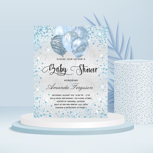Budget baby shower Silver Blue Glitter-uitnodiging