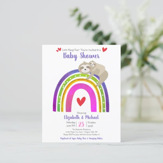 Budget Baby shower Sloth Rainbow Moderne Uitnodigi (Staand voorkant)