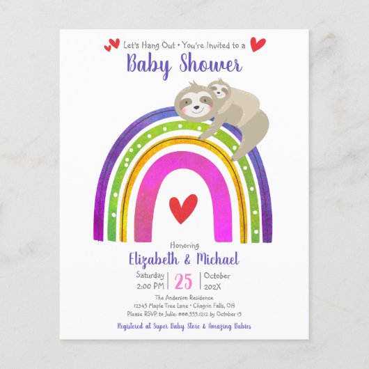 Budget Baby shower Sloth Rainbow Moderne Uitnodigi (Voorkant)
