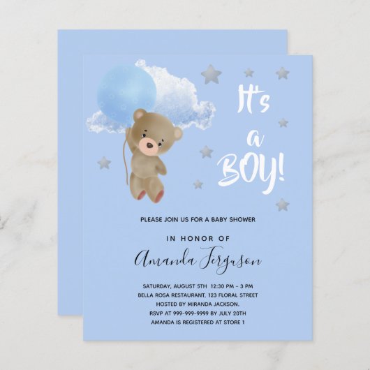 Budget Baby shower teddy bek boy Blue-uitnodiging (Voorkant / Achterkant)