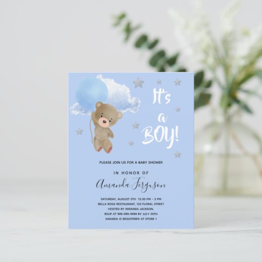 Budget Baby shower teddy bek boy Blue-uitnodiging (Staand voorkant)