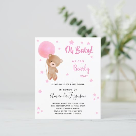 Budget baby shower teddy neemt roze uitnodiging aa (Staand voorkant)