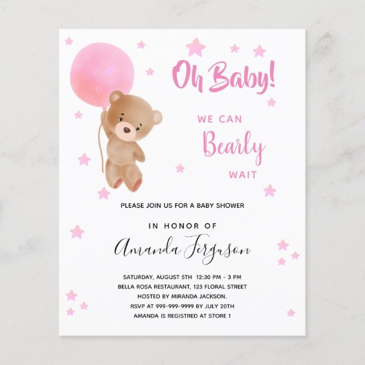 Budget baby shower teddy neemt roze uitnodiging aa (Voorkant)