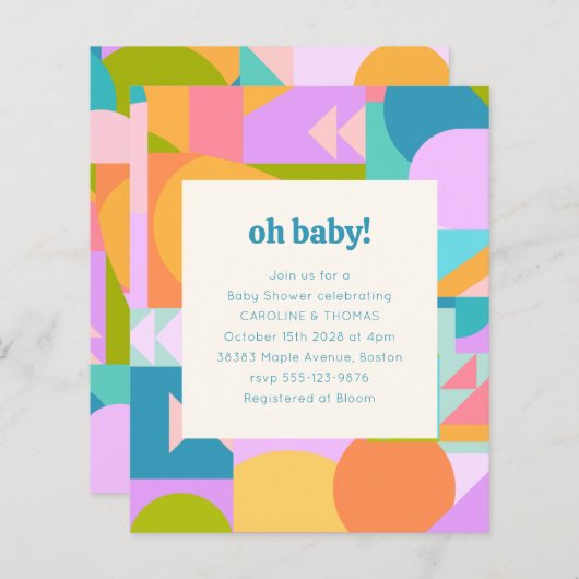 Budget Baby shower Uitnodiging Kleurrijke Geometri (Voorkant / Achterkant)