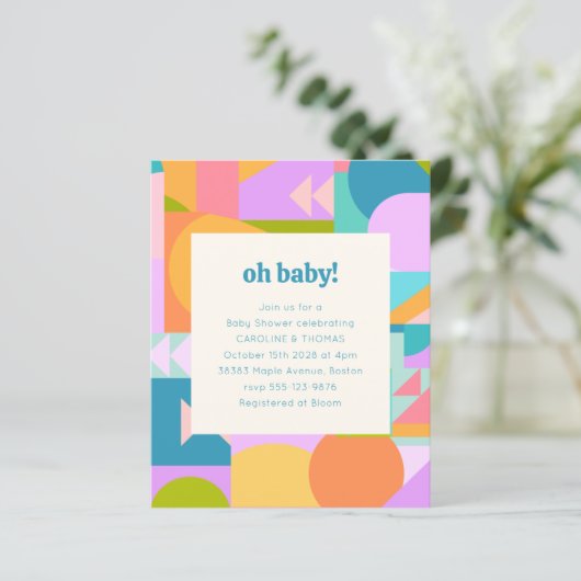 Budget Baby shower Uitnodiging Kleurrijke Geometri (Staand voorkant)