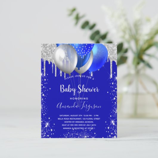 Budget baby shower uitnodiging koninklijk blauw zi (Staand voorkant)