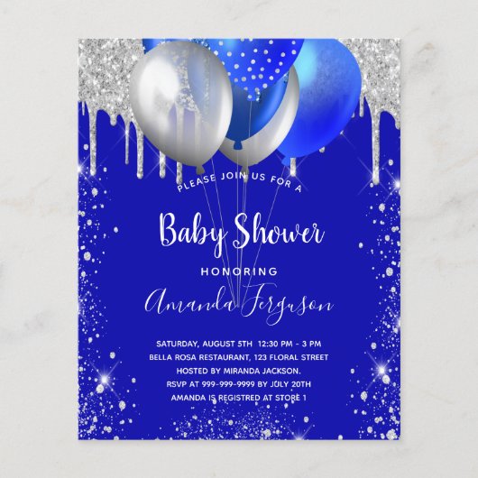 Budget baby shower uitnodiging koninklijk blauw zi (Voorkant)