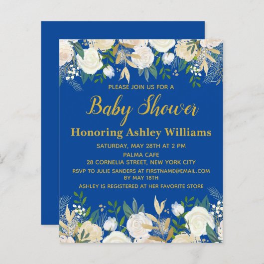 Budget Baby shower Uitnodiging Royal Blue Boy Gold (Voorkant / Achterkant)